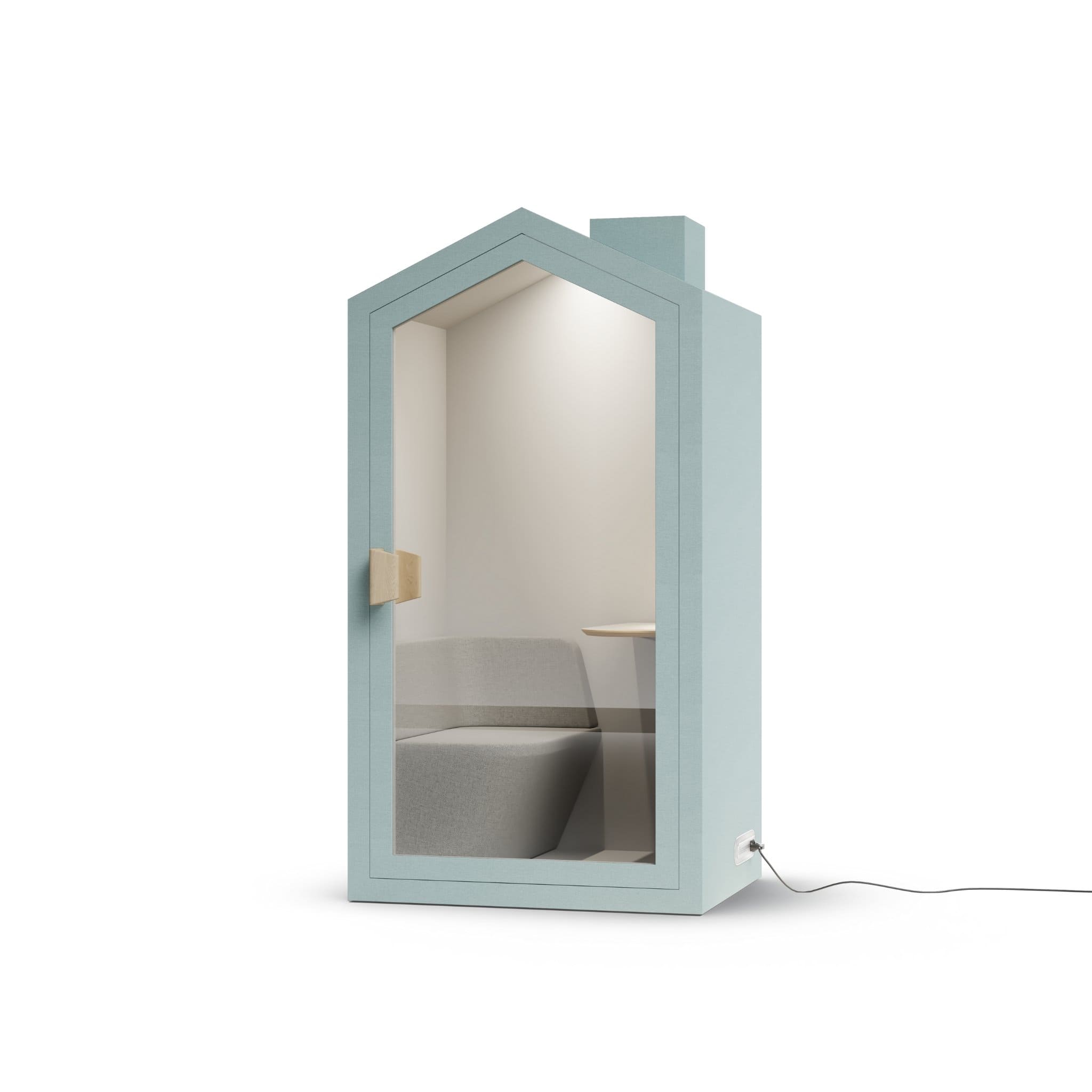 Angle view light blue southsea color frame home office pod phone booth on a white background
