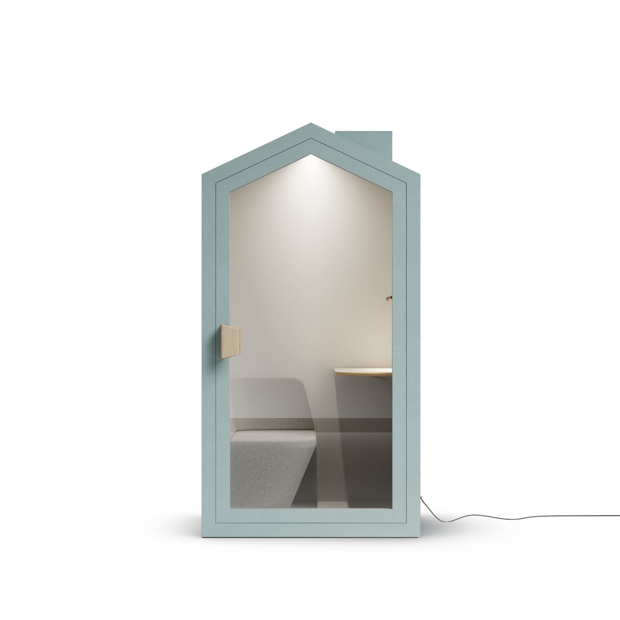 Front view light blue southsea color frame home office pod phone booth on a white background