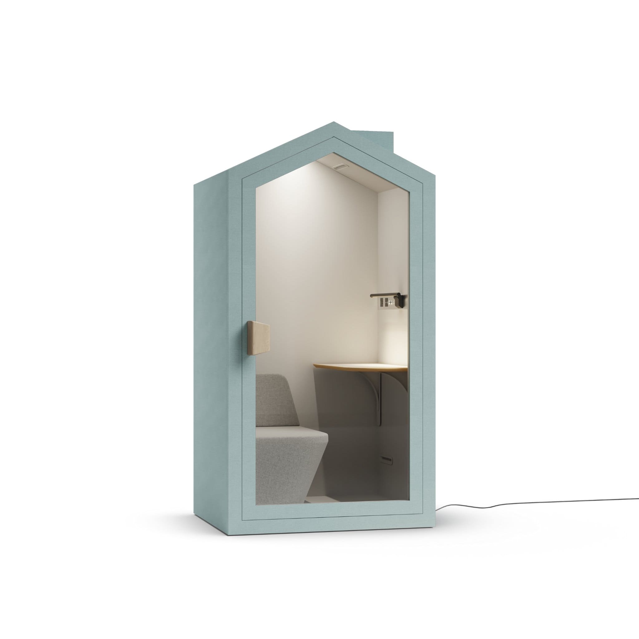 Right view light blue southsea color frame home office pod phone booth on a white background