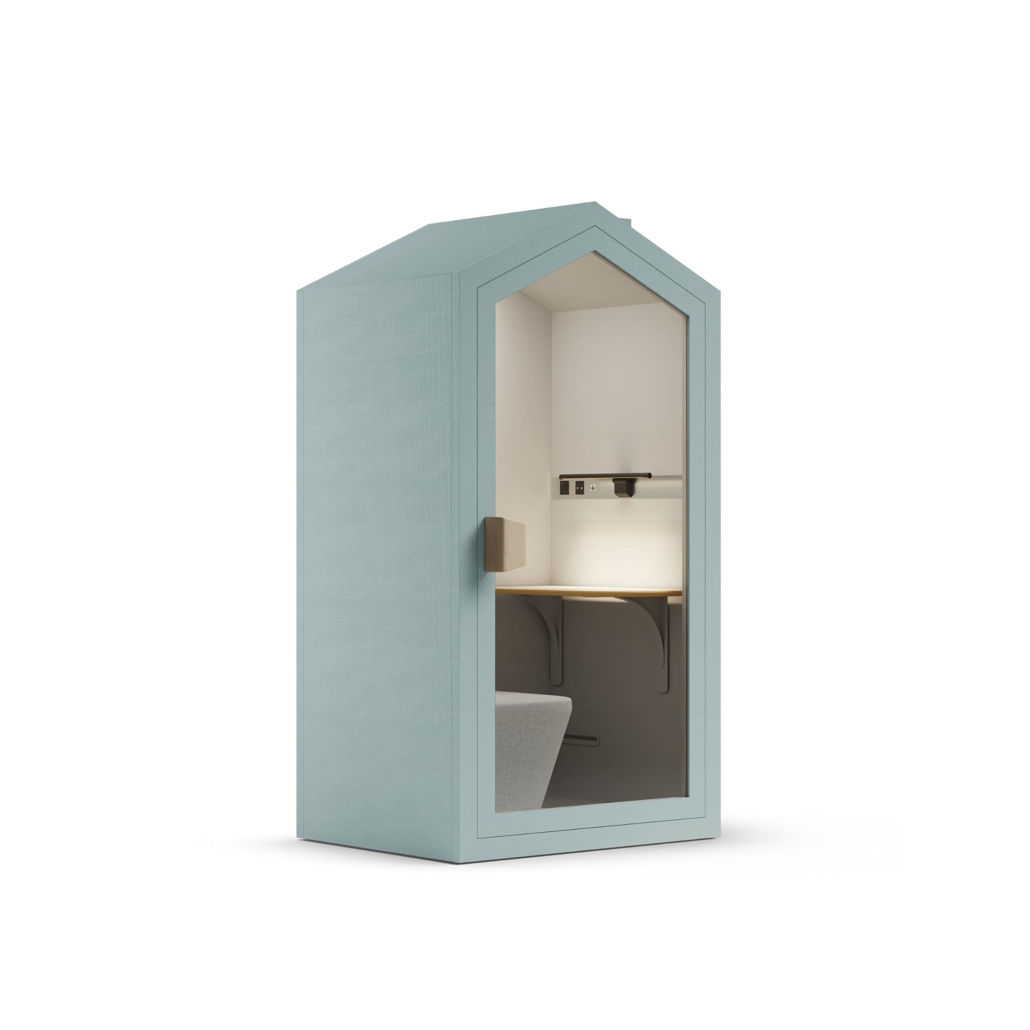 Side view light blue southsea color frame home office pod phone booth on a white background