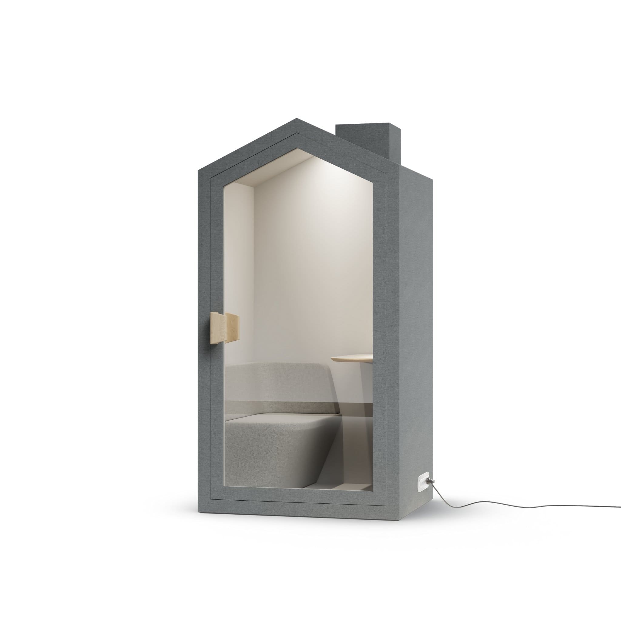 Angle view dark gray storm color frame home office pod phone booth on a white background