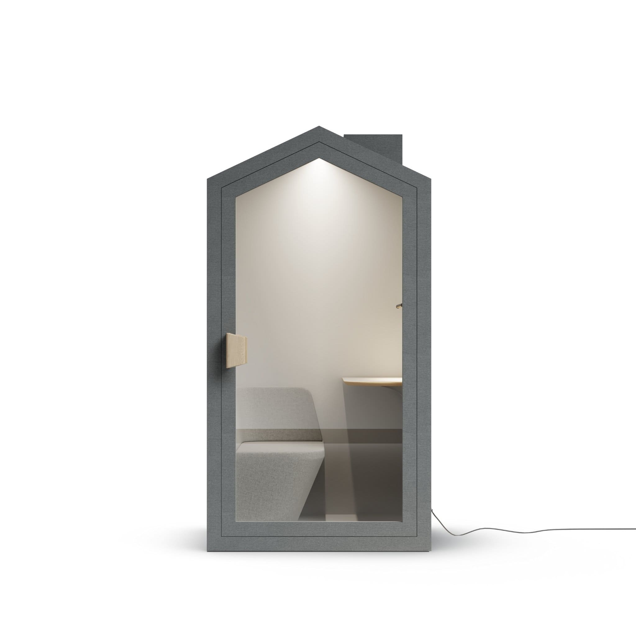 Front view dark gray storm color frame home office pod phone booth on a white background