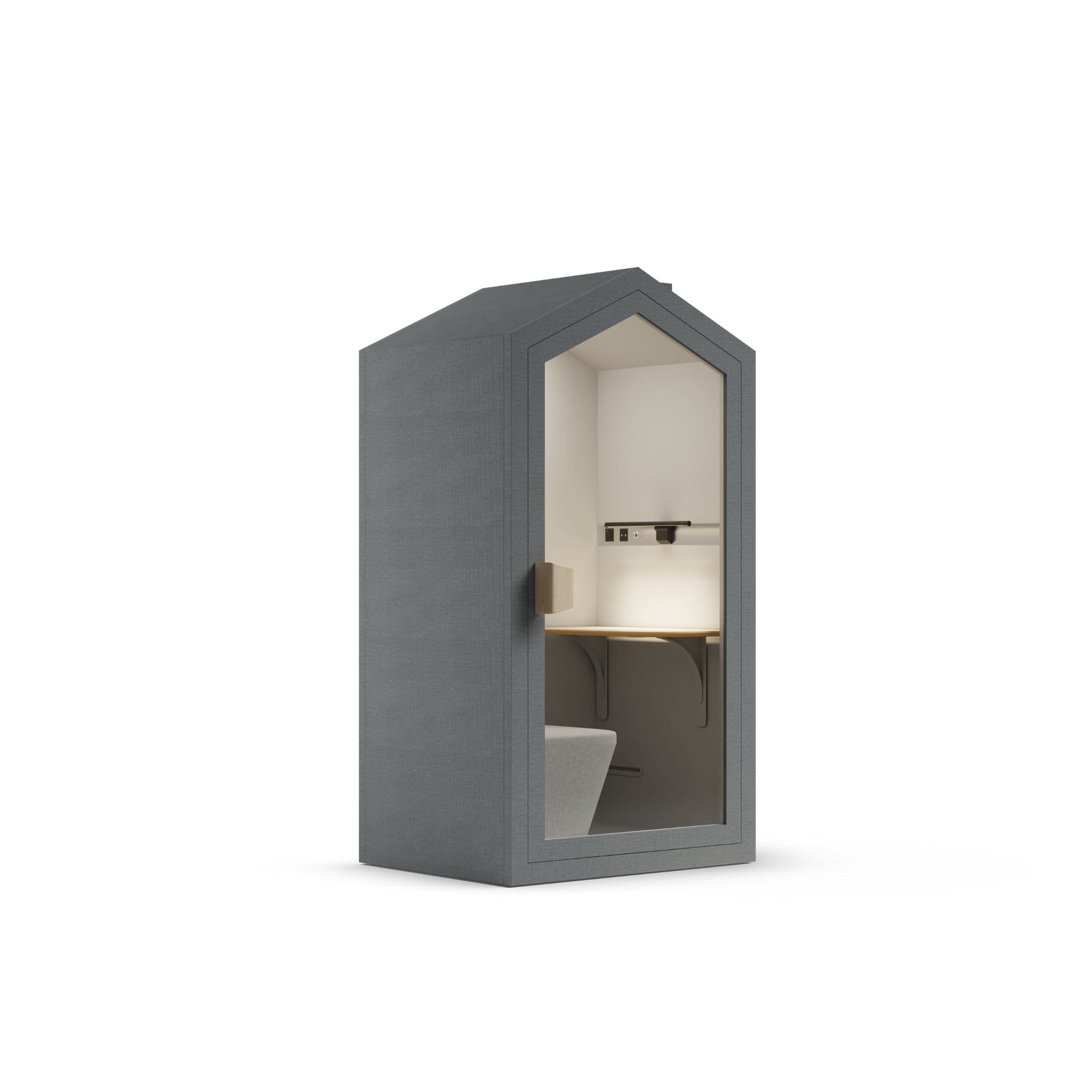 Side view dark gray storm color frame home office pod phone booth on a white background