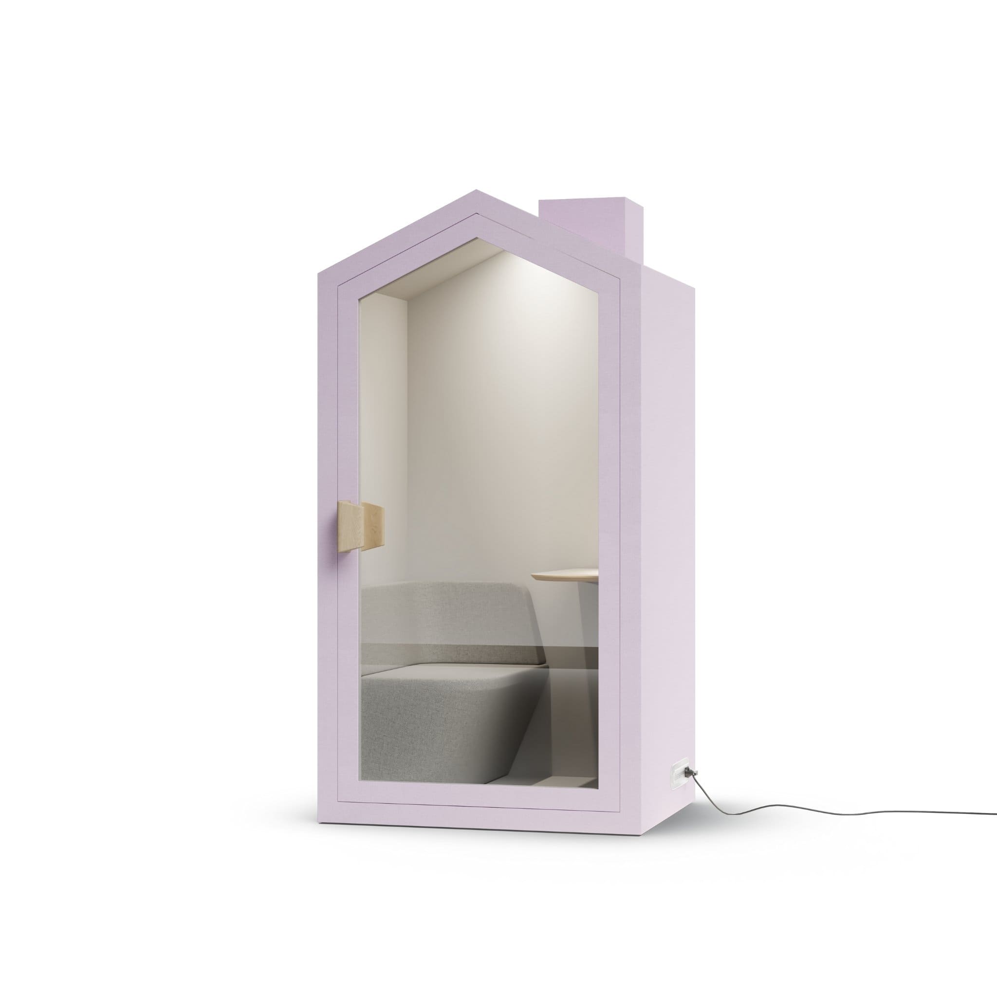 Angle view baby pink taffy color frame home office pod phone booth on a white background