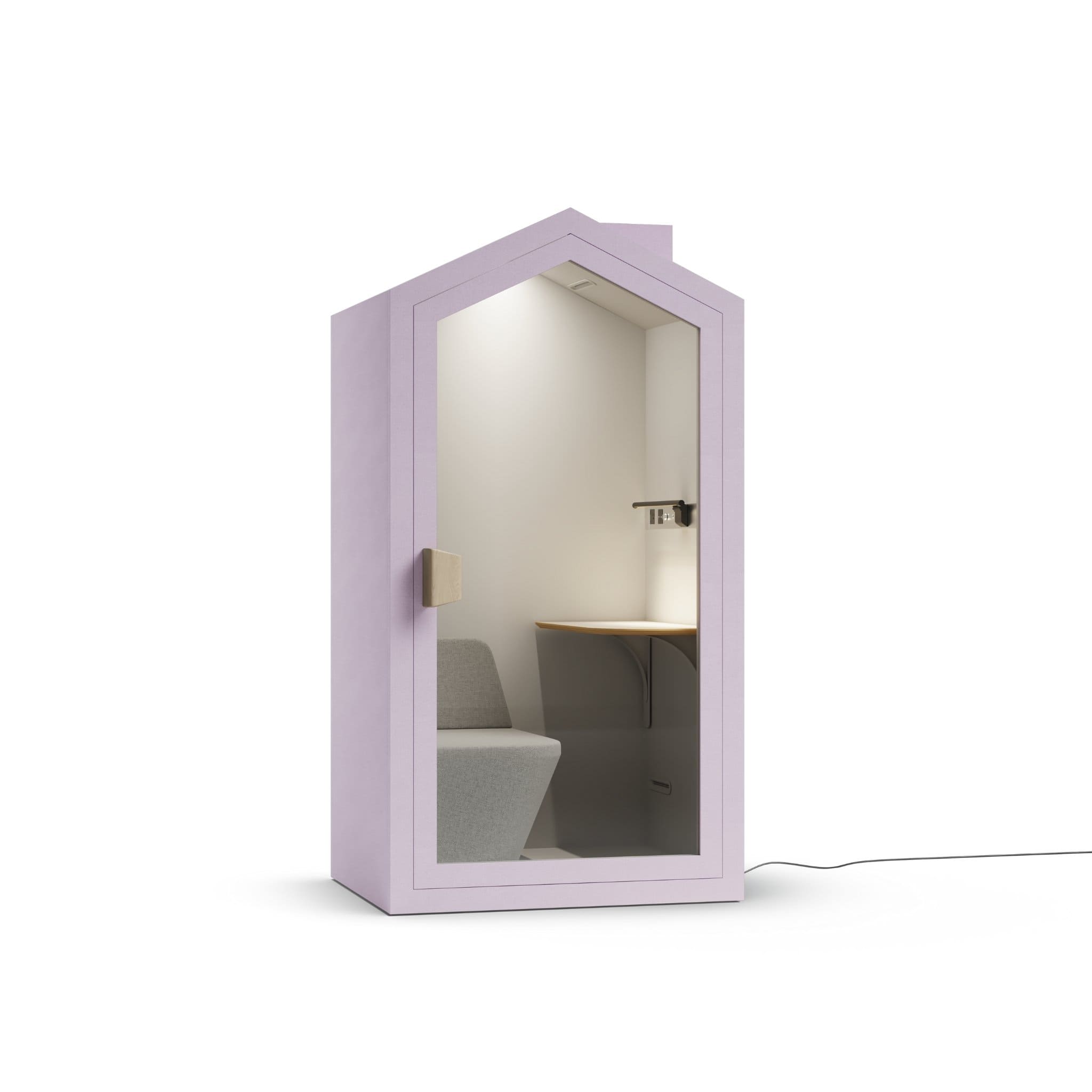 Right view baby pink taffy color frame home office pod phone booth on a white background