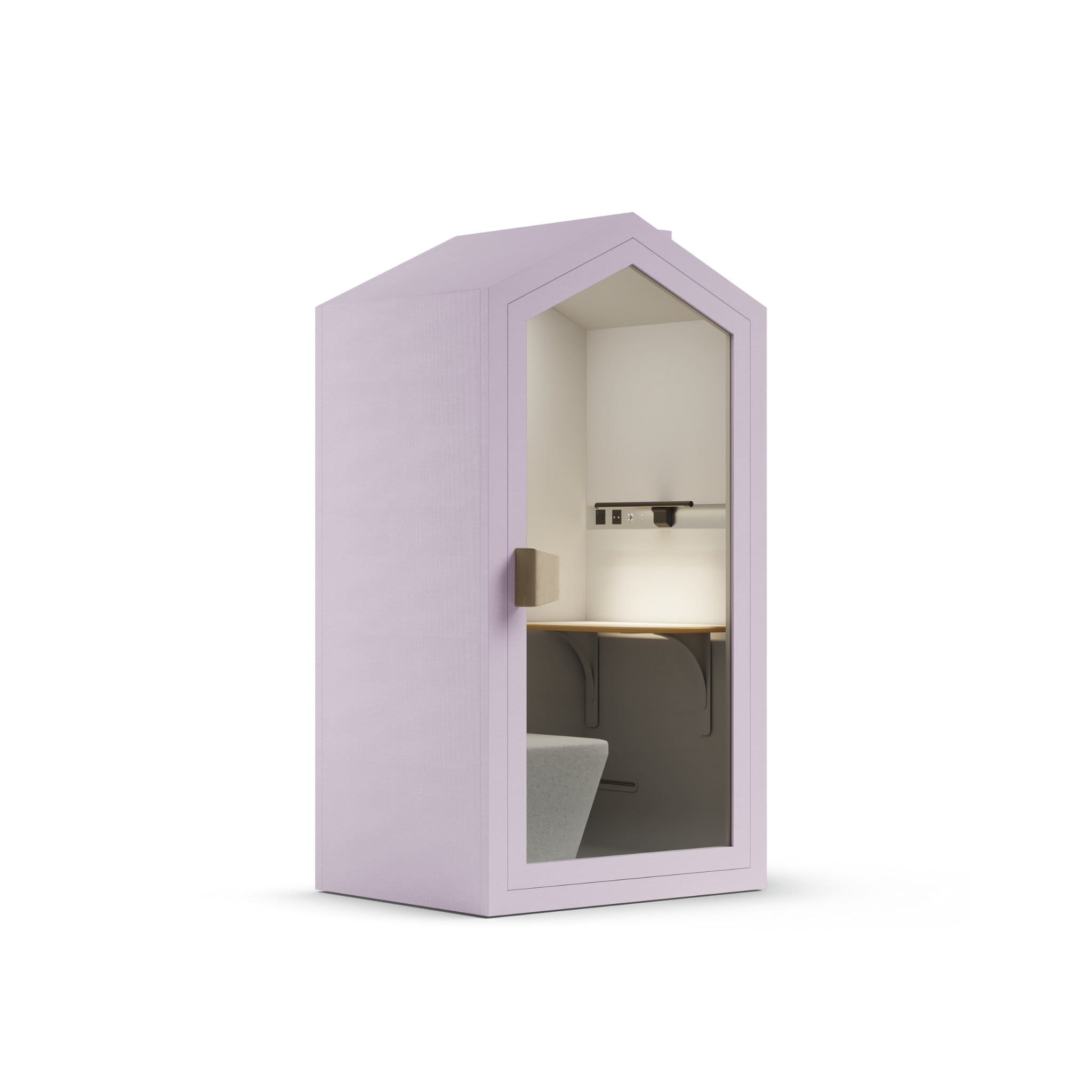 Side view baby pink taffy color frame home office pod phone booth on a white background