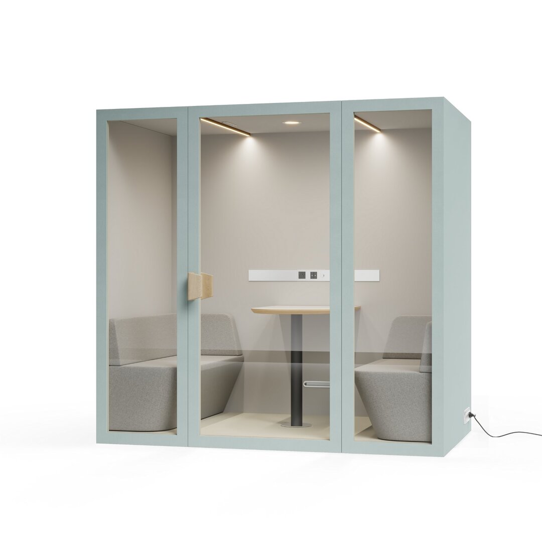 Angle view mint color frame meeting room pod or phone booth on a white background