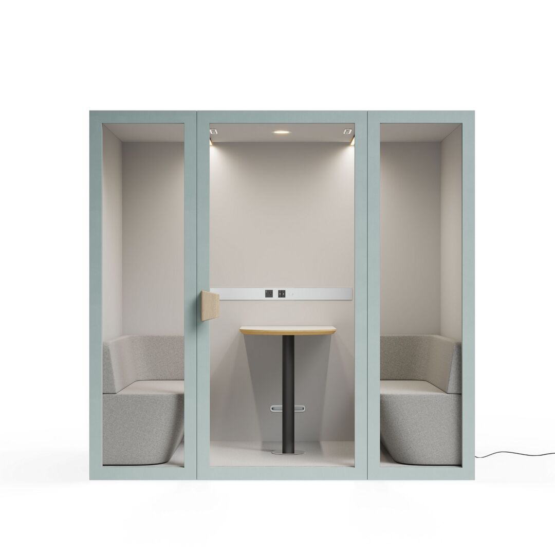 Front view mint color frame meeting room pod or phone booth on a white background