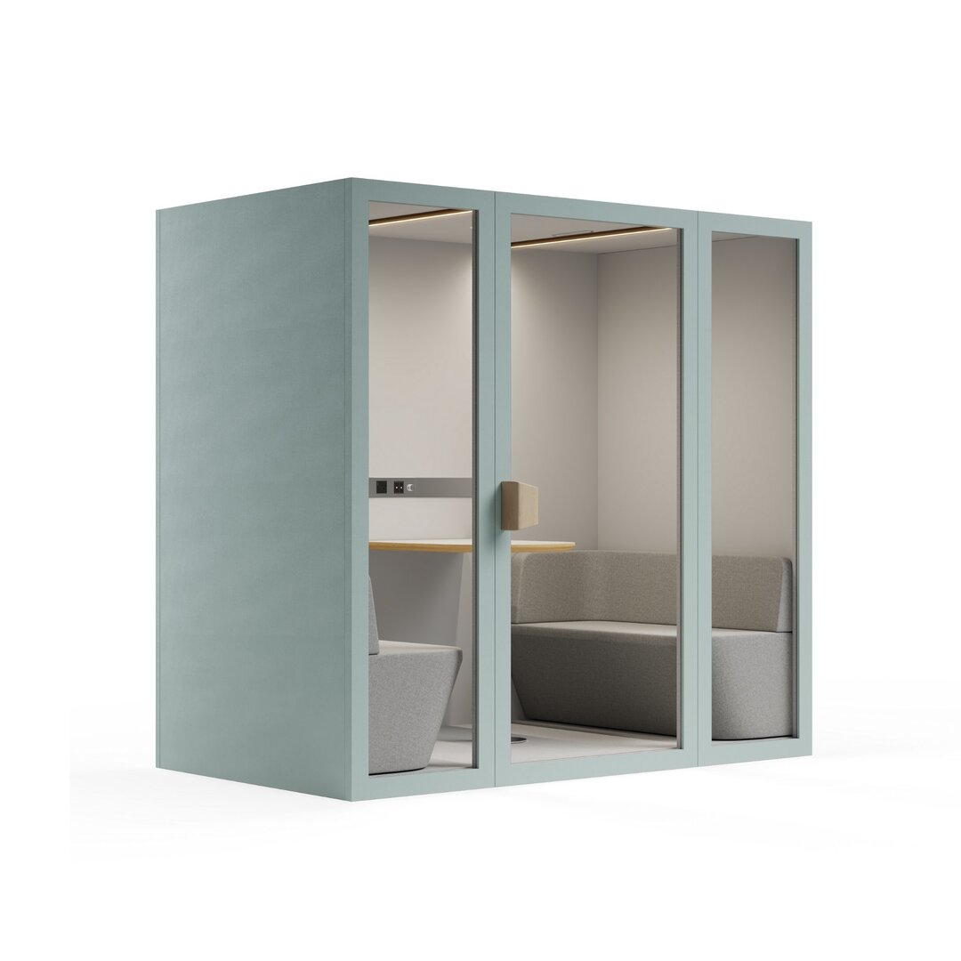 Side view mint color frame meeting room pod or phone booth on a white background