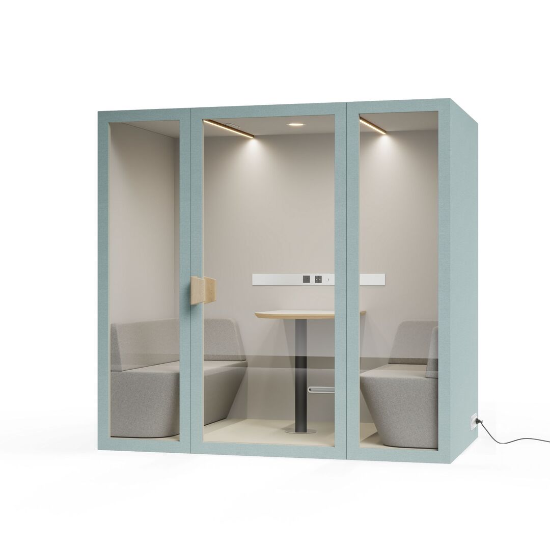 Angle view light blue southsea color frame meeting room office pod phone booth on a white background