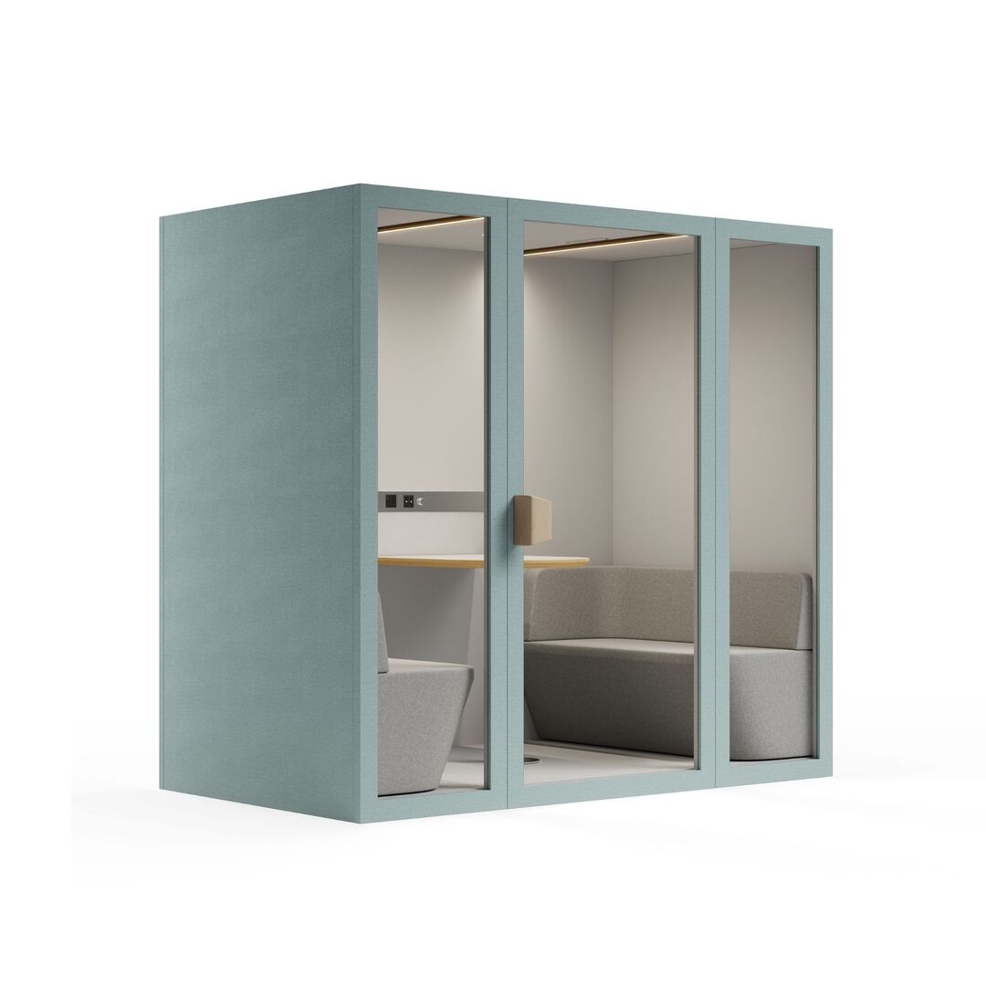 Side view light blue southsea color frame meeting room office pod phone booth on a white background