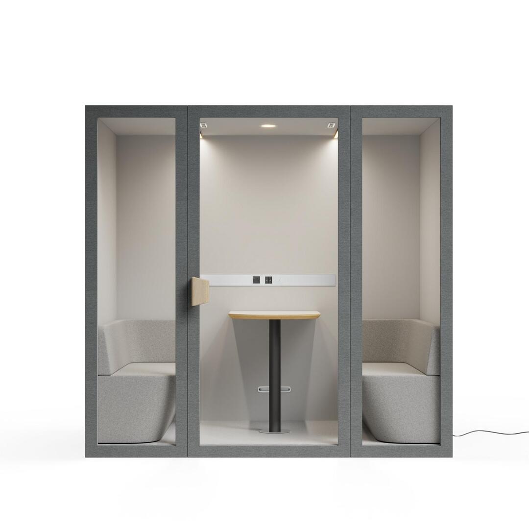 Front view dark gray storm color frame meeting room office pod phone booth on a white background