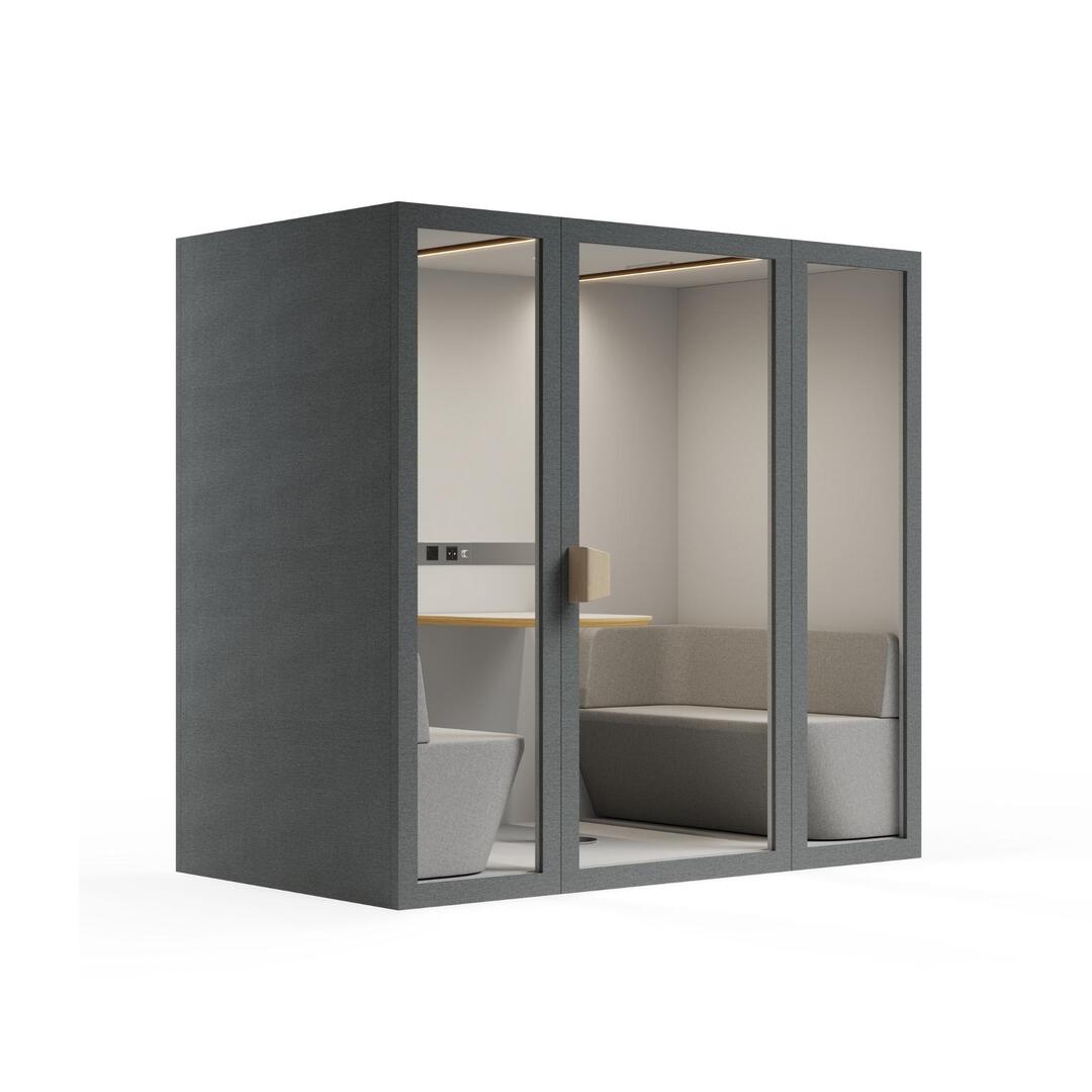 Side view dark gray storm color frame meeting room office pod phone booth on a white background