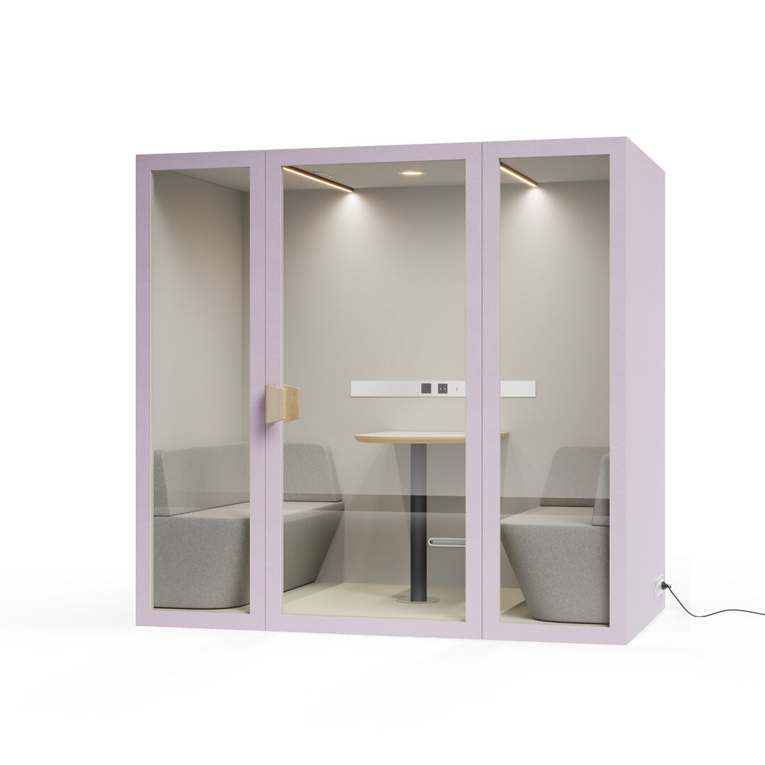 Angle view baby pink taffy color frame meeting room office pod phone booth on a white background