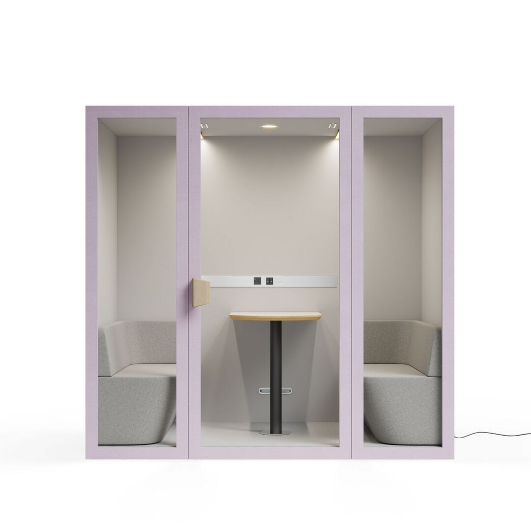 Front view baby pink taffy color frame meeting room office pod phone booth on a white background