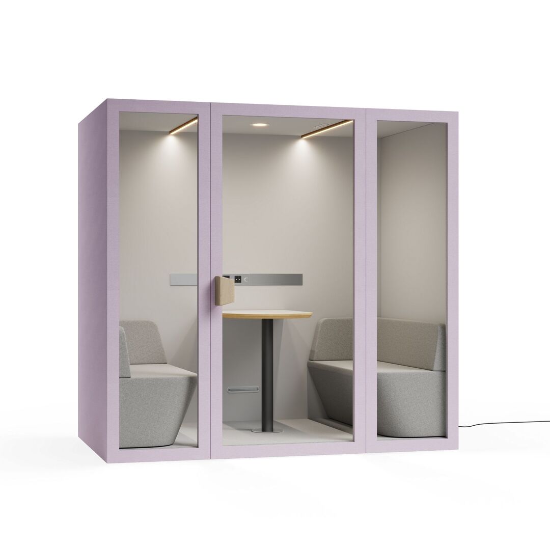 Right view baby pink taffy color frame meeting room office pod phone booth on a white background